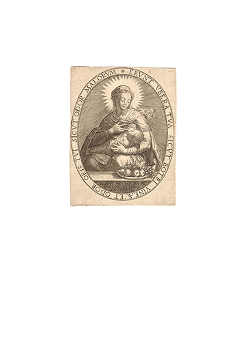 Мария с младенцем - Гравюра (начало XVII века, Западная Европа) Гравюра, Бумага Размер: 13,3 х 10,2 см 9999 г инфо 2252g.